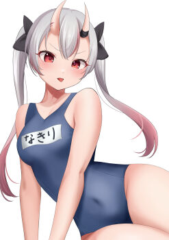 1girl absurdres black_ribbon blue_one-piece_swimsuit blush breasts collarbone commentary_request covered_navel double-parted_bangs fang gradient_hair grey_hair hair_between_horns hair_ribbon highres hololive horns long_hair looking_at_viewer medium_breasts multicolored_hair nakiri_ayame name_tag old_school_swimsuit one-piece_swimsuit open_mouth ramkilog red_eyes red_hair red_streaks ribbon school_swimsuit simple_background skin-covered_horns skin_fang solo streaked_hair swimsuit tongue tongue_out twintails v-shaped_eyebrows virtual_youtuber white_background