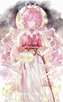 1girl architecture breasts chinese_clothes chinese_commentary chinese_hairstyle commentary_request dress east_asian_architecture elysia_(hi_love_elf)_(honkai_impact) elysia_(honkai_impact) elysia_(moonlit_grace)_(honkai_impact) flower full_moon hair_flower hair_ornament hand_fan highres holding holding_fan honkai_(series) honkai_impact_3rd long_hair medium_breasts moon official_alternate_costume pink_hair purple_eyes red_dress smile solo very_long_hair white_dress yu_yujin