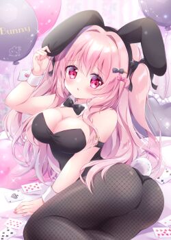 1girl ace_(playing_card) ace_of_spades animal_ears ass bare_shoulders black_bow black_bowtie black_leotard black_pantyhose black_ribbon blush bow bowtie breasts chiika_(cure_cherish) commentary cushion detached_collar eight_of_hearts fake_animal_ears fake_tail fishnet_pantyhose fishnets four_of_clubs frills hair_ornament hair_ribbon hand_up heart indoors large_breasts leotard long_bangs long_hair looking_at_viewer lying nail_polish on_side open_mouth original pantyhose pink_eyes pink_hair pink_nails playboy_bunny playing_card rabbit_tail ribbon solo spade_(shape) sparkle strapless strapless_leotard tail thighs tia_(chiika_cure_cherish) two_side_up wrist_cuffs