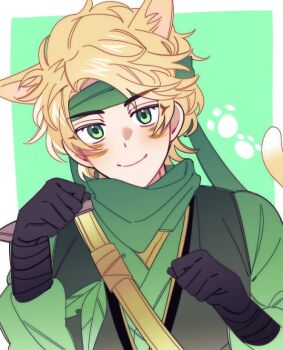 Rule 34 | 1boy, animal ears, animification, bandana, bandana around neck, black gloves, blonde hair, cat boy, cat ears, cat tail, closed mouth, commentary request, dougi, eyes visible through hair, facepaint, feathers, gloves, green background, green bandana, green dougi, green eyes, green headband, headband, kemonomimi mode, korean commentary, ll0 yd, lloyd garmadon, long sleeves, looking at viewer, male focus, ninjago, paw pose, paw print, paw print background, short hair, simple background, smile, solo, tail, upper body