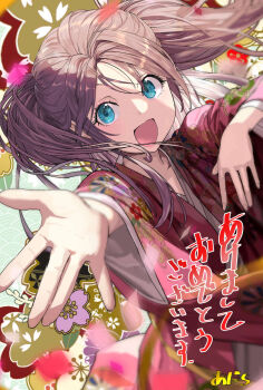 1girl :d adachi_yousuke blue_eyes blurry blurry_foreground brown_hair commentary_request depth_of_field floral_print highres japanese_clothes kimono long_sleeves looking_at_viewer nengajou new_year open_mouth original petals pink_kimono print_kimono smile solo translation_request twintails wide_sleeves