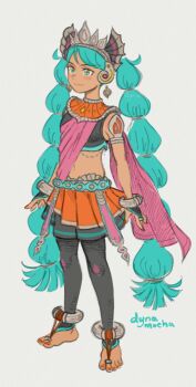 1girl alternate_costume aqua_eyes aqua_hair artist_name barefoot clothing_request commentary dancer dark-skinned_female dark_skin dynamocha earrings english_commentary full_body hair_ornament hatsune_miku highres jewelry long_hair midriff orange_nails simple_background solo sri_lanka twintails very_long_hair vocaloid white_background worldwide_miku