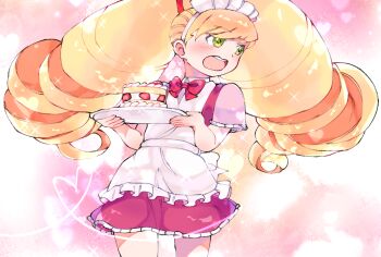 Rule 34 | 1girl, apron, blonde hair, blush, bow, bowtie, cake, commentary, drill hair, english commentary, food, green eyes, heart, holding, holding tray, long hair, luna platz (mega man), maid headdress, mega man (series), mega man star force (series), mixsa cute0, open mouth, tray, twin drills, very long hair, white apron