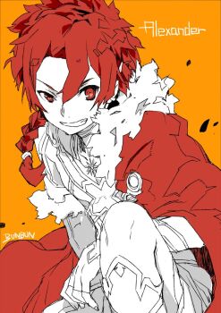 1boy alexander_(fate) bunbun cape character_name commentary_request fate/grand_order fate_(series) fingerless_gloves fur-trimmed_cape fur_trim gloves grin limited_palette male_focus orange_background red_cape red_eyes red_hair signature sitting smile solo spot_color