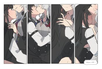 Rule 34 | 2girls, arknights, bite mark, bite mark on neck, black hair, black jacket, black nails, black vest, blush, collared shirt, fang, grey shirt, hickey, highres, jacket, jacket on shoulders, kiss, kissing neck, lappland (arknights), long hair, multiple girls, open mouth, seri (vyrlw), shirt, spoken squiggle, squiggle, sweat, texas (arknights), vest, white hair, white shirt, yuri