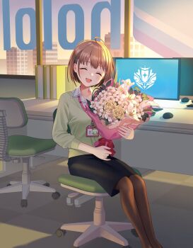 1girl ^_^ ahoge artist_request black_skirt bouquet brown_hair brown_pantyhose cardigan chair closed_eyes collared_shirt commentary_request computer_keyboard computer_mouse day facing_viewer flower green_cardigan harusaki_nodoka harusaki_nodoka_(1st_costume) holding holding_bouquet hololive id_card indoors lanyard mole mole_on_neck monitor office office_lady official_art on_chair pantyhose pencil_skirt second-party_source shirt short_hair sitting skirt solo three-quarter_sleeves virtual_graduation_commemoration virtual_youtuber white_shirt