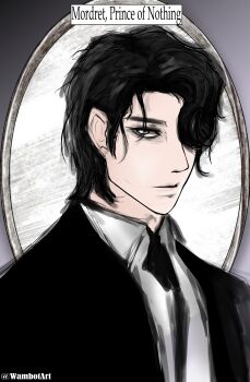 Rule 34 | 1boy, absurdres, black coat, black hair, black necktie, character name, coat, collared shirt, expressionless, grey eyes, hair over one eye, highres, looking at viewer, male focus, mirror, mordret (shadow slave), necktie, shadow slave, shirt, short hair, solo, upper body, wambot, white shirt