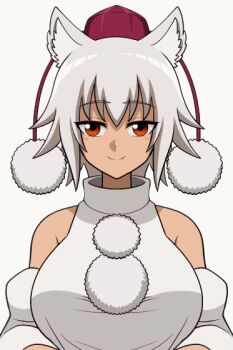 1girl animal_ears animated animated_gif blush bouncing_breasts breasts closed_mouth clothes_lift hat inubashiri_momiji large_breasts lifting_own_clothes looking_at_viewer nipples no_bra orange_eyes shiguma_(signalmass) shirt_lift short_hair smile solo source_request touhou white_hair wolf_ears wolf_girl