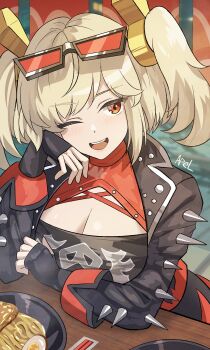 1girl absurdres arm_spikes artist_name bibitapel black_jacket blonde_hair breasts burnice_white cleavage commentary eyewear_on_head facing_viewer head_rest highres jacket large_breasts leaning_on_table one_eye_closed open_clothes open_jacket open_mouth orange_eyes red-tinted_eyewear solo teeth tinted_eyewear twintails upper_teeth_only zenless_zone_zero