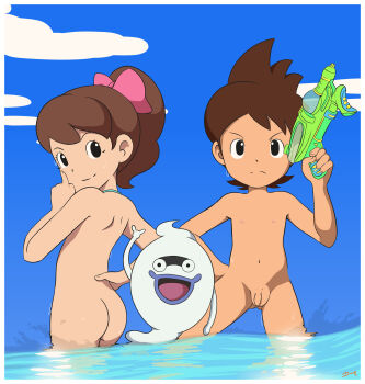 1girl 2boys amano_keita arm_up ass back bare_back beach black_eyes bow brown_hair casual_nudity closed_mouth cloud cloudy_sky completely_nude druwp finger_to_cheek flaccid from_behind frown ghost glaring hair_bow hair_ribbon hand_on_own_hip highres holding holding_toy kodama_fumika level-5 loli long_hair looking_at_viewer looking_back multiple_boys navel nipples nude ocean open_mouth outdoors partially_submerged penis ponytail ribbon short_hair shota skinny_dipping sky smile spiked_hair spirit standing testicles tongue topless_female toy toy_gun wading water water_gun wet whisper_(youkai_watch) youkai_watch