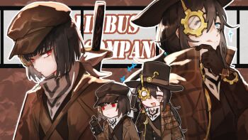 1boy 1girl :p bandana black_eyes black_gloves black_hair black_vest blue_eyes bob_cut brown_background brown_capelet brown_coat brown_hat capelet chibi chibi_inset cigarette coat gears gloves goawat hat heterochromia highres hong_lu_(project_moon) limbus_company long_hair looking_at_viewer low_ponytail monocle multiple_views plaid_capelet plaid_clothes ponytail project_moon red_eyes ryoshu_(project_moon) short_hair simple_background smoking tongue tongue_out top_hat upper_body vest white_bandana yurodiviye_(identity)_(project_moon)