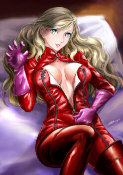1girl albyee blonde_hair blue_eyes bodysuit breasts claw_pose commentary commission english_commentary gloves hair_down hair_ornament hairclip hand_up long_hair lying medium_breasts on_back panther_(persona_5) parted_lips persona persona_5 pink_gloves red_bodysuit simple_background solo takamaki_anne unzipping wavy_hair white_background zipper zipper_pull_tab