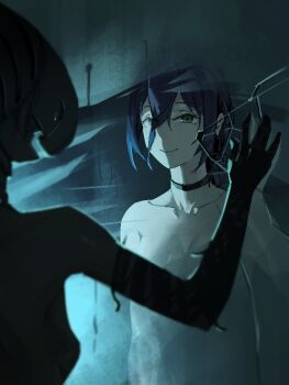 1girl black_choker blue_hair bomb_devil_(chainsaw_man) chainsaw_man choker fankun_de_nuojiya green_eyes hair_between_eyes medium_hair mirror reflection reflection_focus reze_(chainsaw_man)