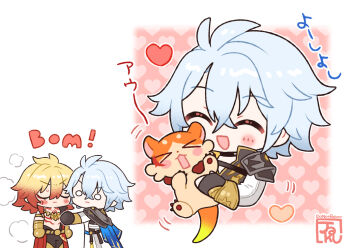 >_< 2boys antenna_hair arm_tattoo armlet armor black_choker black_coat black_gloves black_pants black_shirt blonde_hair blush_stickers braid chest_tattoo chibi chibi_only chimera_(honkai:_star_rail) choker clawed_gauntlets closed_eyes coat commentary earrings facial_tattoo gloves gold_earrings gold_necklace gradient_hair honkai:_star_rail honkai_(series) jaku_711 jewelry male_focus medium_hair multicolored_hair multiple_boys mydei_(fig_stew)_(honkai:_star_rail) mydei_(honkai:_star_rail) neck_tattoo necklace open_clothes open_coat pants parted_bangs pauldrons phainon_(honkai:_star_rail) red_hair red_tattoo shirt short_hair shoulder_armor side_braid single_pauldron sun_symbol sun_tattoo symbol-only_commentary tan tattoo transformation white_coat white_hair yaoi