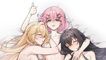 3girls :&gt; amaori_renako bite_mark bite_mark_on_breast black_hair blonde_hair breasts closed_eyes completely_nude drooling fff_threesome group_sex hair_ornament hairclip hickey highres koto_satsuki long_hair lying mian_li mouth_drool multiple_girls nude ouzuka_mai pink_hair purple_eyes saliva short_hair sleeping threesome thumbs_up watashi_ga_koibito_ni_nareru_wake_naijan_murimuri! x_hair_ornament yuri