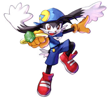 artist_request bandai_namco black_fur blue_headwear blue_pants blue_shirt cabbit commentary_request emblem feet gem gloves hat jewelry kawano_takuji kaze_no_klonoa klonoa legs namco namco_x_capcom official_art pants pointy_ears red_footwear ring shirt tail yellow_eyes yellow_gloves zipper