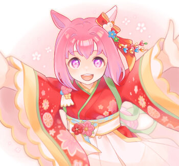 1girl absurdres animal_ears blush bow camellia_print commentary_request ear_bow ear_covers floral_print flower flower-shaped_pupils flower_in_eye hakama haru_urara_(first_urara_saku_sakura)_(umamusume) haru_urara_(umamusume) highres horse_ears horse_girl japanese_clothes kimono long_sleeves looking_at_viewer official_alternate_costume open_mouth pink_eyes pink_hair pink_hakama reaching reaching_towards_viewer red_kimono rinsuko short_hair single_ear_cover smile solo symbol-shaped_pupils symbol_in_eye teeth umamusume upper_teeth_only white_hakama wide_sleeves