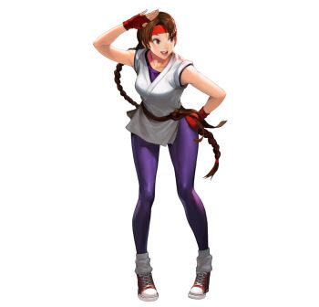 1girl braid braided_ponytail breasts brown_eyes brown_hair dougi female_focus gloves hairband karate_gi large_breasts leggings long_hair open_mouth pale_skin pants ponytail shoes smile smiley_face sneakers snk socks spandex the_king_of_fighters thick_thighs thighs wide_hips yoga_pants yuri_sakazaki