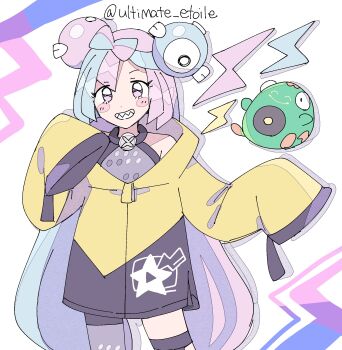 1girl bellibolt blue_hair blush_stickers bow-shaped_hair character_hair_ornament closed_eyes grey_pantyhose grin hair_ornament halter_shirt halterneck highres iono_(pokemon) jacket lightning_bolt_symbol long_hair long_sleeves looking_at_viewer multicolored_hair nintendo oversized_clothes pantyhose pink_eyes pink_hair pokemon pokemon_(creature) pokemon_sv remoooon sharp_teeth simple_background single_leg_pantyhose sleeves_past_fingers sleeves_past_wrists smile split-color_hair standing teeth two-tone_hair upper_body white_background yellow_jacket