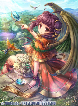 1girl bird commentary_request company_name dragon_girl dragon_wings dragonstone fire_emblem fire_emblem:_the_sacred_stones fire_emblem_cipher flower forest hasumi_fumi looking_at_viewer looking_back myrrh_(fire_emblem) nature nintendo official_art outdoors purple_hair red_eyes sitting solo sunlight wings