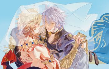 Rule 34 | 2boys, absurdres, antenna hair, arm tattoo, armlet, armor, black choker, black coat, black shirt, blonde hair, blue cape, braid, cape, chest tattoo, chinese commentary, choker, clawed gauntlets, closed eyes, coat, commentary request, facial tattoo, gold necklace, gradient hair, hand on another's back, highres, holding hands, honkai: star rail, honkai (series), jewelry, male focus, medium hair, multicolored hair, multiple boys, mydei (honkai: star rail), neck tattoo, necklace, open clothes, open coat, parted bangs, pauldrons, phainon (honkai: star rail), red cape, red hair, red tattoo, see-through clothes, see-through veil, shirt, short hair, shoulder armor, side braid, side cape, single pauldron, sun symbol, sun tattoo, tan, tattoo, veil, white coat, white hair, white veil, wochaoyongde66791, yaoi, yellow eyes