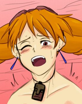 1girl aika_(eternal_arcadia) blush braid breasts colorized earrings eternal_arcadia female_focus goggles goggles_on_head gradient_background highres jewelry linkakami_(artist) medium_breasts necklace nude orange_hair orgasm portrait red_eyes self-upload solo third-party_edit twin_braids