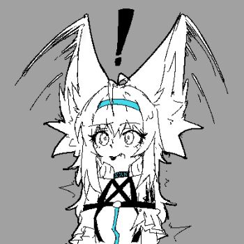 ! 1girl animal_ear_fluff animal_ears arknights blue_hairband commentary english_commentary fang fox_ears fox_girl hairband infection_monitor_(arknights) jaggy_lines large_ears lowres material_growth monochrome open_mouth oripathy_lesion_(arknights) simple_background solo spot_color suzuran_(arknights) tofusquisha