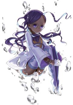 10s 1girl ahoge air_bubble bad_id bad_twitter_id bindi bubble closed_mouth dark-skinned_female dark_skin facial_mark fate/extra fate_(series) female_focus forehead_mark glasses gloves jewelry legs_together long_hair mashima_saki_(mashimasa) one-hour_drawing_challenge purple_eyes purple_hair purple_thighhighs rani_viii solo thighhighs underwater white_gloves