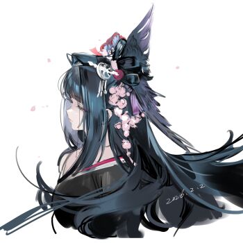 1girl 2026 animal_ears arknights bird_ears bird_girl black_hair black_kimono flower hair_flower hair_ornament hashtag-only_commentary highres japanese_clothes kimono long_hair mio_(arknights) portrait profile simple_background solo white_background yyb