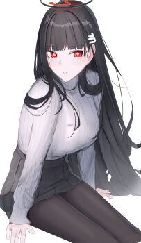1girl absurdres black_hair black_halo black_pantyhose black_skirt blue_archive blush breasts commentary_request hair_ornament hairclip halo highres large_breasts leonardo_566 long_hair long_sleeves pantyhose parted_lips pleated_skirt red_eyes red_halo ribbed_sweater ringed_eyes rio_(blue_archive) simple_background sitting skirt solo sweater turtleneck turtleneck_sweater white_background