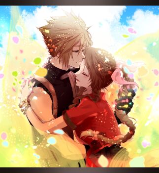 Rule 34 | 1boy, 1girl, aerith gainsborough, aqua eyes, arm around waist, bangle, black gloves, black shirt, blonde hair, bracelet, braid, braided ponytail, closed eyes, closed mouth, cloud strife, couple, cropped jacket, falling petals, final fantasy, final fantasy vii, final fantasy vii remake, gloves, hair between eyes, hair ribbon, half-closed eyes, hand in another's hair, hashtag-only commentary, hetero, highres, hug, jacket, jewelry, letterboxed, parted bangs, parted lips, petals, pink ribbon, red jacket, ribbed sweater, ribbon, ruka ika, sharp teeth, shirt, short hair, short sleeves, sidelocks, single bare shoulder, single braid, sleeveless, sleeveless turtleneck, smile, suspenders, sweater, teeth, turtleneck, upper body