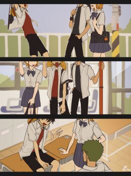 Rule 34 | 1girl, 2boys, bag, black hair, black pants, black shirt, black shorts, blue bow, blue bowtie, blue skirt, bow, bowtie, classroom, collared shirt, commentary, contemporary, desk, feet out of frame, from side, green hair, hat, highres, miniskirt, monkey d. luffy, multiple boys, multiple views, nami (one piece), one piece, only op2024, open clothes, open shirt, orange hair, outdoors, pants, pleated skirt, red shirt, roronoa zoro, school desk, school uniform, shirt, short hair, short sleeves, shorts, shoulder bag, sitting, skirt, standing, straw hat, symbol-only commentary, unworn hat, unworn headwear, walking, white shirt