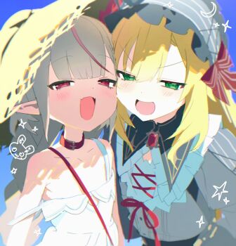 1boy 1girl blonde_hair collarbone crossdressing crossdressing_(mtf) fangs flat_chest fuubuu genderswap green_eyes grey_hair grin hat makaino_ririmu makaino_ririmu_(3rd_costume) nijisanji red_eyes skin_fangs smile smug strap_slip straw_hat trap uzuki_kou uzuki_kou_(4th_costume) virtual_youtuber