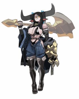1girl 33dot abs animal_ears bare_shoulders bell belt bikini black_bikini black_boots black_gloves black_hair boots braid breasts commentary cow_ears cow_girl cow_horns cowbell denim english_commentary fingerless_gloves gloves hair_between_eyes hair_ornament highres holding holding_weapon horns jacket jeans large_breasts large_horns long_hair long_hair_between_eyes looking_at_viewer muscular muscular_female original over_shoulder ox-chan_(33dot) pants simple_background swimsuit weapon weapon_over_shoulder yellow_eyes