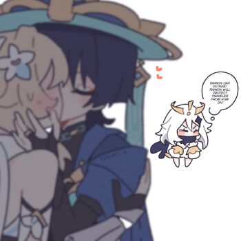 1boy 2girls arm_cutout artist_name black_bodysuit black_bridal_gauntlets black_gloves black_scarf blonde_hair blue_cape blue_hat blue_jingasa blunt_ends blush blush_stickers bodysuit bridal_gauntlets cape choppy_bangs closed_eyes clothing_cutout couple detached_sleeves diamond_hair_ornament english_text eyeliner facing_another facing_down floating flower genshin_impact gloves gold gold_ring hair_flower hair_ornament hand_on_another's_arm hat heart hetero highres jingasa kiss levitation lumine_(genshin_impact) makeup mandarin_collar medium_hair middle_ring multiple_girls paimon_(genshin_impact) partially_fingerless_gloves red_eyeliner remhotaru romper scaramouche_(genshin_impact) scarf short_hair side_cape speech_bubble sweat third_wheel wanderer_(genshin_impact) white_background white_flower white_hair white_romper white_scarf