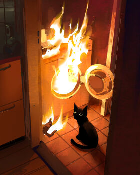 absurdres animal black_cat burning cat drawer fire highres indoors looking_at_viewer no_humans original paul_rabaud photo-referenced solo tile_floor tiles washing_machine