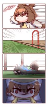 2girls 4girls absurdres agnes_tachyon_(tach-nology)_(umamusume) agnes_tachyon_(umamusume) ahoge animal_ears bed black_coat black_gloves black_hair blanket brown_hair character_doll chibi closed_mouth coat daiwa_scarlet_(peak_blue)_(umamusume) daiwa_scarlet_(umamusume) doll extendable_limbs gloves hair_between_eyes hat highres horse_ears horse_girl horse_racing_track horse_tail huge_ahoge kuroij lab_coat long_bangs long_hair long_hair_between_eyes long_sleeves manhattan_cafe_(creeping_black)_(umamusume) manhattan_cafe_(umamusume) medium_hair multicolored_hair multiple_girls necktie nightcap nightmare open_mouth pajamas pillow red_eyes running shirt short_hair short_necktie sleeves_past_fingers sleeves_past_wrists smile sweat sweater sweater_vest tail umamusume under_covers white_coat white_hair yellow_eyes yellow_pajamas yellow_sweater yellow_sweater_vest