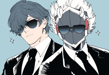 2boys alternate_costume billy_kid black_necktie black_suit blue_background closed_mouth clothed_robot commentary_request formal_clothes green_hair hair_over_one_eye highres humanoid_robot lighter_(zenless_zone_zero) male_focus multiple_boys necktie no_mouth portrait robot robot_boy shirt short_hair sparkle suit sunglasses uq8ogapovn38885 white_hair white_shirt zenless_zone_zero