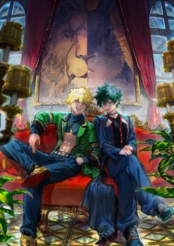 2boys abs absurdres alternate_costume aqua_eyes arm_rest bakugou_katsuki belt belt_buckle blonde_hair blue_pants blue_shirt blurry blurry_foreground boku_no_hero_academia buckle buttons candelabra candlestand check_clothing clip_studio_paint_(medium) clothing_request colored_shoe_soles commentary_request couch criss-cross_halter cropped_shirt cushion depth_of_field drawing_(object) dress_shoes fashion figure_four_sitting film_grain freckles full_body gold_necklace green_hair hair_between_eyes halterneck hand_in_pocket hand_on_hand hand_on_own_knee hand_up highres indoors jacket jewelry kawaharaaisu kikkoumon lapels leaf leaning_back light lion looking_at_viewer making-of_available male_focus midoriya_izuku midriff multiple_boys multiple_necklaces multiple_rings navel necklace notched_lapels on_couch open_clothes open_jacket open_mouth own_hands_together painting_(object) pants partial_commentary pendant photoshop_(medium) picture_frame plant puffy_pants rabbit curtains red_eyes ring scowl shadow shirt shoe_soles shoes short_hair shrug_(clothing) side-by-side sitting sleeve_cuffs smile sneakers spiked_hair stomach teeth thumb_ring toned toned_male turning_head turtleneck unmoving_pattern upper_teeth_only v_arms white_belt window yellow_shoes