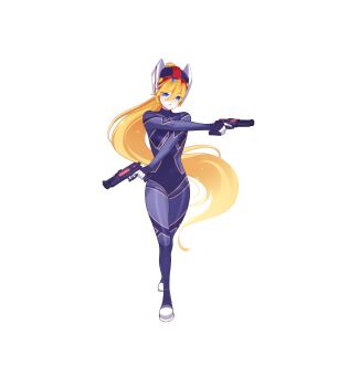 1girl absurdres aizeis alternate_costume biometal blonde_hair blue_eyes bodystocking boots ciel_(mega_man) commission commissioner_upload dual_wielding energy_gun forehead_jewel full_body gloves gun helmet highres holding holding_gun holding_weapon incoming_attack long_bangs long_hair looking_at_viewer mechanical_ears mega_man_(series) mega_man_zero_(series) mega_man_zx model_a_(mega_man) no_armor non-web_source ponytail shorts solo transparent_background weapon