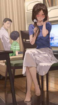 1girl 2boys absurdres black_eyes blush breasts brown_hair brown_pantyhose cellphone child crossed_legs family hairband highres holding holding_phone indoors jewelry long_hair looking_at_another mature_female medium_breasts multiple_boys netorare open_mouth original pantyhose phone ponytail ring rumi_(yewang19) short_hair side_ponytail sitting smartphone smile talking_on_phone television toes wedding_band wooden_floor yewang19