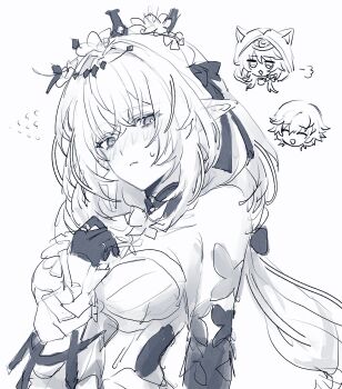 1boy 2girls animal_ears black_gloves black_tiara c_0xx caelus_(honkai:_star_rail) castorice_(honkai:_star_rail) cat_ears cipher_(honkai:_star_rail) gloves highres honkai:_star_rail honkai_(series) multiple_girls pointy_ears simple_background sketch tiara trailblazer_(honkai:_star_rail) upper_body white_background