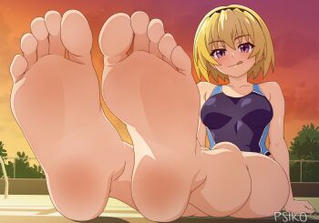 1girl absurdres barefoot blonde_hair blush feet foot_focus highres higurashi_no_naku_koro_ni higurashi_no_naku_koro_ni_gou houjou_satoko non-web_source smile soles swimsuit