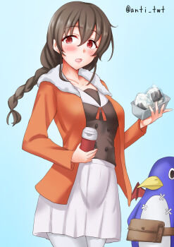 1girl anti_(untea9) aqua_background bird black_hair braid brown_shirt commentary_request cup disposable_coffee_cup disposable_cup failure_penguin food highres jacket kantai_collection long_hair looking_at_viewer onigiri orange_eyes orange_jacket pantyhose penguin pleated_skirt sailor_collar school_uniform serafuku shirt single_braid skirt solo souya_(kancolle) souya_agb_(kancolle) twitter_username white_pantyhose white_sailor_collar white_skirt