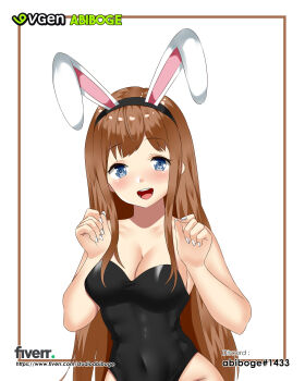 1girl abiboge absurdres animal_ear_hairband animal_ears artist_name bare_shoulders black_leotard blue_eyes breasts brown_hair cleavage commentary commission english_commentary fake_animal_ears hairband highres large_breasts leotard open_mouth original playboy_bunny rabbit_ear_hairband rabbit_ears smile solo strapless strapless_leotard upper_body watermark web_address white_nails