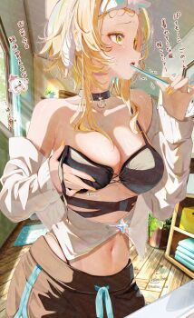 1girl alternate_costume alternate_hairstyle artist_name bare_shoulders black_bra black_choker black_shorts blonde_hair bra breasts cardigan choker cleavage commentary_request fingernails genshin_impact grabbing_own_breast highres holding holding_toothbrush indoors kabu_usagi large_breasts lumine_(genshin_impact) nail_polish navel off_shoulder open_bra open_mouth paimon_(genshin_impact) short_hair short_hair_with_long_locks short_shorts shorts sidelocks signature solo stomach toothbrush toothbrush_in_mouth translation_request underwear watermark white_cardigan yellow_eyes yellow_nails