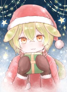 1girl :3 absurdres animal_ears box christmas commentary_request fur-trimmed_sleeves fur_trim gift gift_box green_hair hat highres holding holding_gift long_hair long_sleeves looking_at_viewer low_ponytail mittens orange_eyes pom_pom_scarf ponytail santa_hat scarf smile softman solo star_(symbol) voicevox zundamon