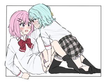 2girls 3yp5g amaori_renako ashigaya_high_school_uniform black_socks black_thighhighs blue_hair blush bow bowtie collared_shirt commentary covering_another&#039;s_mouth grey_skirt hair_ribbon hashtag-only_commentary highres koyanagi_kaho medium_hair multiple_girls panties panty_pull pink_hair pink_panties plaid_clothes plaid_skirt pleated_skirt purple_eyes red_bow red_bowtie ribbon school_uniform shirt simple_background skirt socks sweat thighhighs underwear undressing_another watashi_ga_koibito_ni_nareru_wake_naijan_murimuri! white_background white_shirt yellow_eyes yellow_ribbon yuri