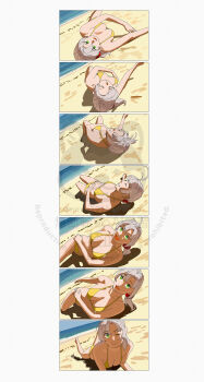 1girl absurdres alternate_costume alternate_hairstyle antenna_hair beach bikini blue_sky braid breasts closed_eyes day dutch_angle from_behind green_eyes grey_hair highres kantai_collection kinugasa_(kancolle) kinugasa_kai_ni_(kancolle) looking_at_viewer looking_back low_ponytail medium_breasts medium_hair multiple_views ocean ojipon one_eye_closed outdoors ponytail rolling running single_braid sky smile swimsuit yellow_bikini