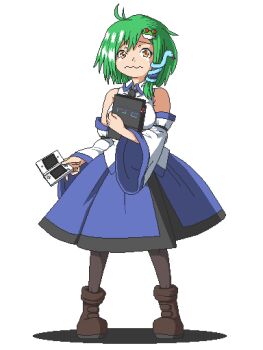 1girl ahoge aksawshin bare_shoulders black_necktie black_pantyhose blue_skirt boots breasts brown_boots collared_shirt crying crying_with_eyes_open detached_sleeves frog_hair_ornament game_console green_hair hair_ornament hair_tubes handheld_game_console holding holding_handheld_game_console kochiya_sanae large_breasts necktie nintendo nintendo_ds pantyhose pixel_art playstation_2 retro_games_sanae_(meme) shadow shirt short_hair simple_background single_hair_tube single_sidelock skirt snake_hair_ornament solo sony tearing_up tears touhou white_background wide_sleeves yellow_eyes